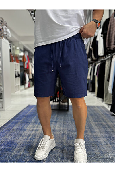 BYBASICMAN Pantaloni scurți de bază cu textură de in, albastru marin LNS-3123