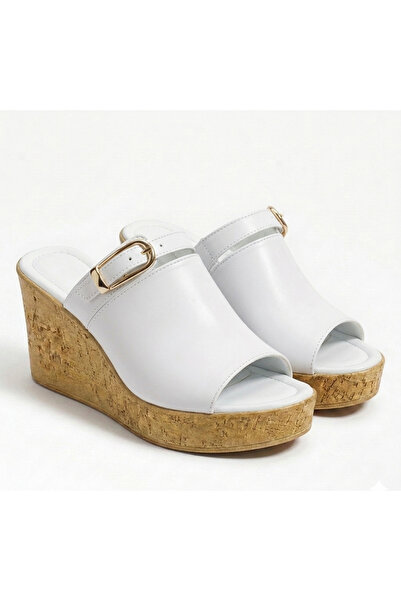 guijarro Women's White Lightweight Cork Sole Buckle Wedge Heel Sabo Slippers ...