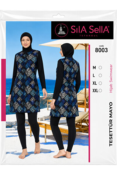 belpa Women's Geometric Patterned Full Covered Hijab Swimsuit Set Lycra Long ...