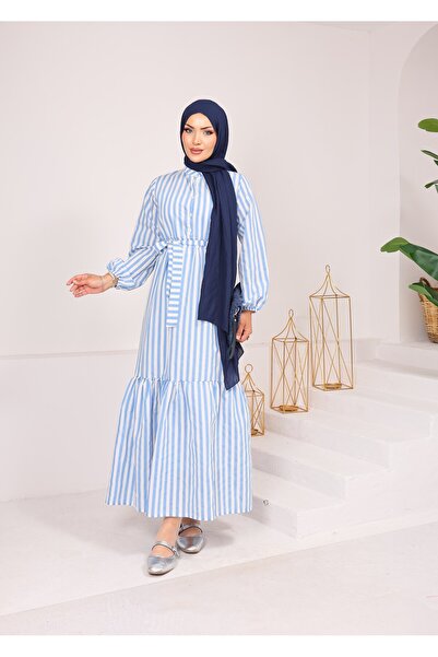 MODA 8263 GİZGİLİ YENİ SEZON SEYYAR KEMERLİ KETEN VİSKON ELBİSE BEBE MAVİSİ