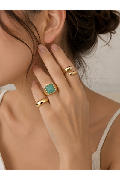 Takıtolia Tedria Gold 3-Piece Ring Set Elegant Daily Combination Jewelry