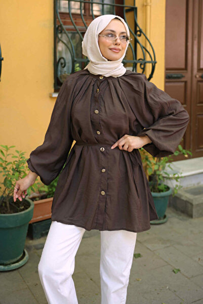 İmajButik Brown Collared Pleated Waist Tie Shirt