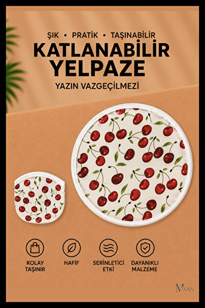 MAZEN Kiraz Desen Katlanabilir Yuvarlak Yazlık Taşınabilir El Yelpazesi