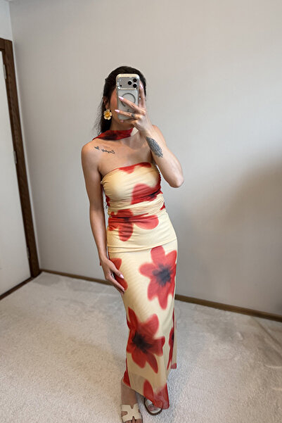 MoyStore Red Floral 3-Piece Dress Blouse Shawl Set