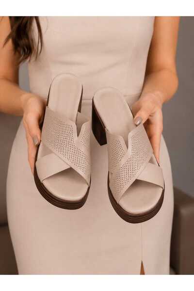 AYAKKABİSEPETİ Genuine Leather Women's Thick-Heeled Slippers New Season