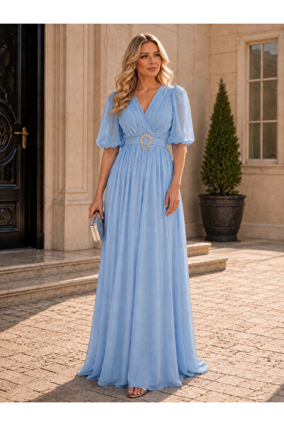 Divin store Rochie lungă baby blue din voal cu mâneci bufante