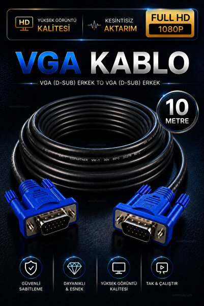 nelerbulurum Yüksek Kaliteli 10 Metre VGA Kablo 1.5 Metre Erkek Erkek Monitör...