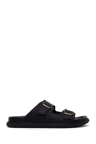 Derimod Men's Black Double Buckle Nubuck Leather Slippers 26Sfd6253V3