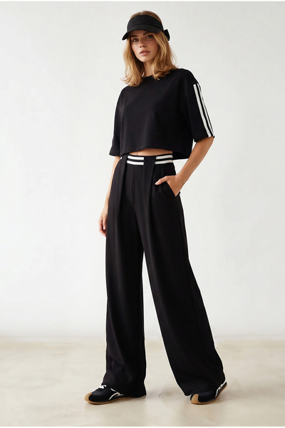 Olalook Women's Black Waist Detailed Pants Blouse Modal Buttoned Set Tkm-1900...