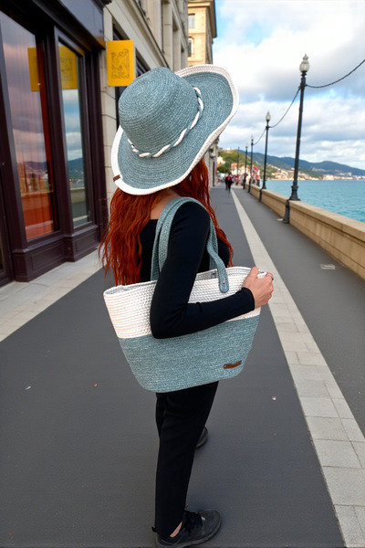KAAN HOME Turquoise White Beach Pool Bag and Hat Set Multi-Purpose Washable D...