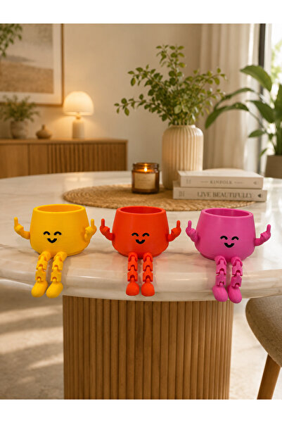 EMAS3D 3 Adet SEVİMLİ AYAKLI TATLI EMOJİ MİNİ SAKSI DEKORATİF (ÜÇLÜ Sarı Turu...