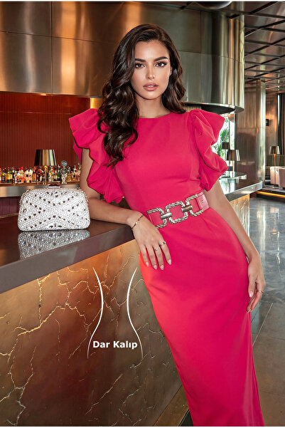 Aysan Moda Midi Boy Volan Kol Kemerli Abiye Elbise