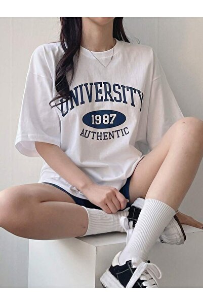 Vordevia University Printed White Oversize Unisex T-Shirt Basic Comfortable F...