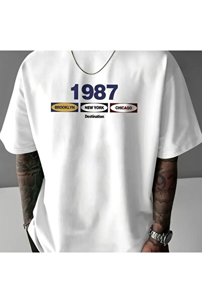 Vordevia 1987 Printed White Oversize Unisex T-Shirt Basic Comfortable Fit Dai...