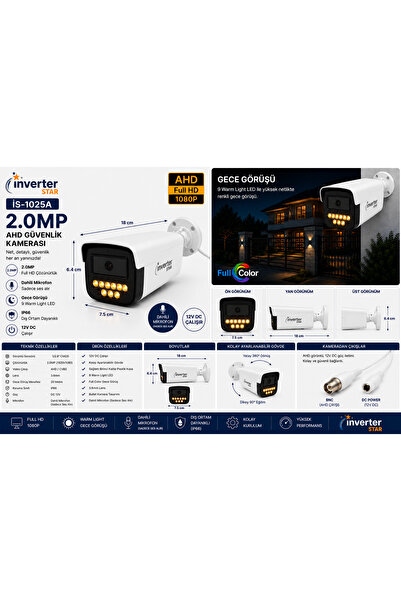 İnverter Star İS-1025A 2MP AHD KAMERA 9 Warm LED Teknolojisi Güvenlik Kameras...