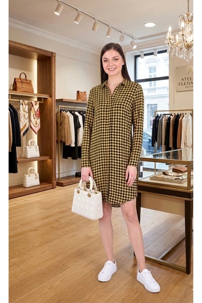 Polologin Butik Yellow Black Houndstooth Patterned Viscose Tunic