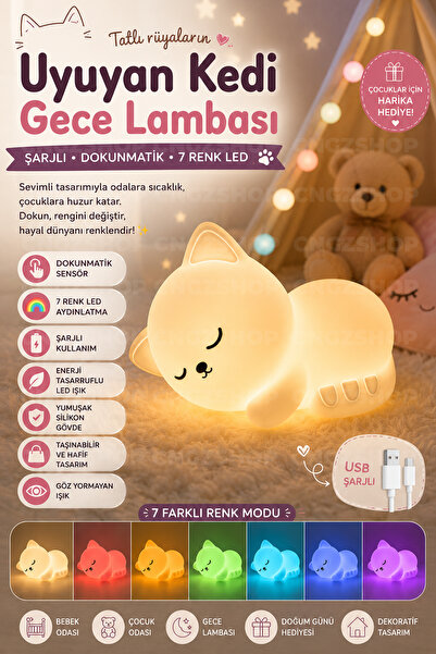 CNGZSHOP Uyuyan Kedi Gece Lambası Şarjlı Dokunmatik 7 Renk LED Silikon Çocuk Odası Gece Lambası USB Şarjlı