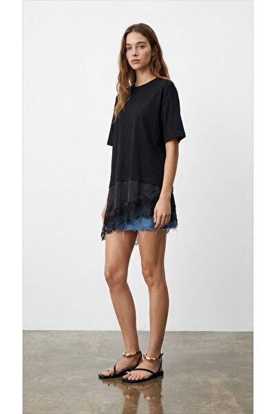 Quzu Asymmetrical Lace Detailed Oversize T-Shirt