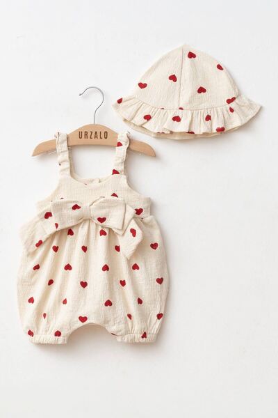 Minigimin Cicileri My Little One's Baby Girl Jumpsuit with Heart Patterned Ha...