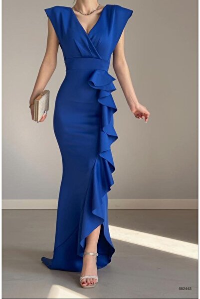 Esinty Women's double-breasted collar flounced evening dress