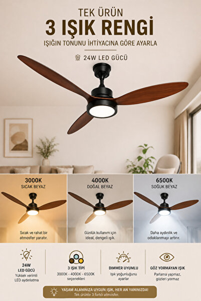 Goes Büyük Boy Tavan Vantilatörü LED Avize 132CM 65 Watt 6 Kademeli Kumandalı ve Telefon Uygulaması Kontrollü GVA-64