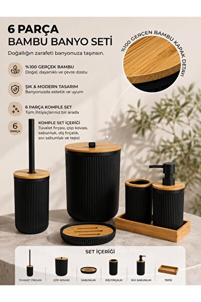 Okyanus Home Linea Siyah Gerçek Bambu Detaylı 6 Parça Tepsili Banyo Seti