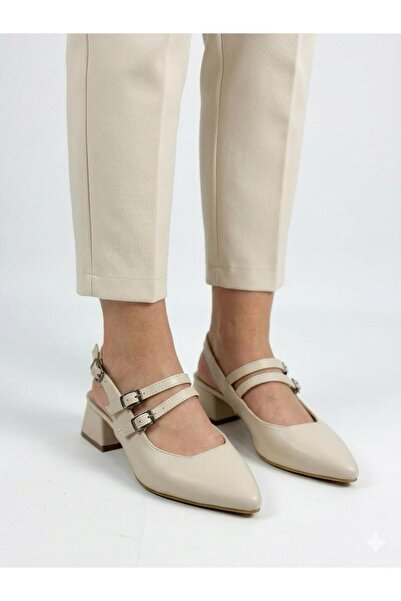 Lütfi Women's Cream Thick Heel Comfortable Fit Heeled Ballerina Shoes