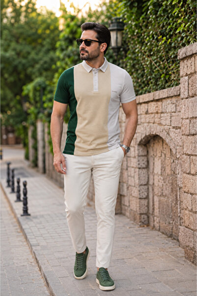Erkek Slim Fit Omuz Garnili Polo Yaka Tişört Dar Kesim Yumuşak Dokulu Günlük Şık T-Shirt İnterlok Kumaş
