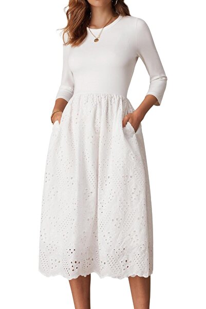 GRACE KARIN Women's Round Neck Casual 3/4 Sleeve A-line Hollow Out Midi Dress...