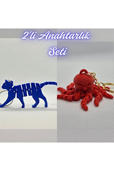 3DAtölyeMaker Blue Flexible Cat and Pink Octopus Keychain