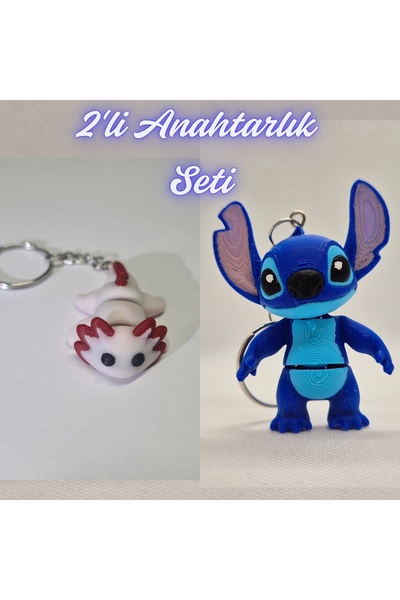 3DAtölyeMaker Light Pink Flexible Axolotl and Blue Flexible Stitch Keychain