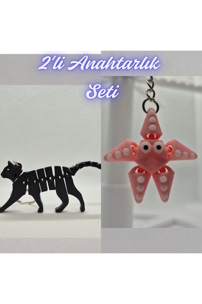 3DAtölyeMaker Black Flexible Cat and Pink Moving Starfish Keychain