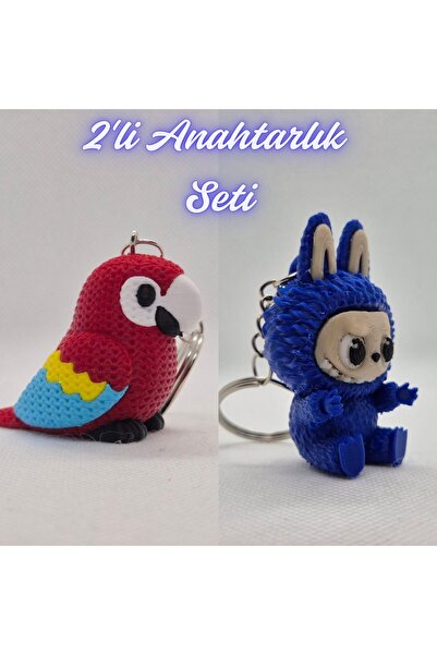 3DAtölyeMaker Fire Engine Red Knitted Pattern Parrot and Blue Labubu Keychain
