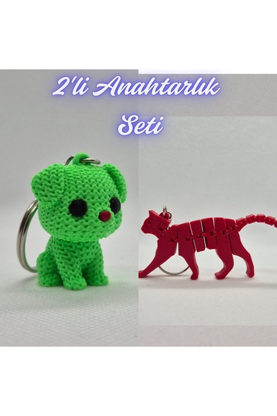 3DAtölyeMaker Light Green Knitted Patterned Dog and Fire Red Flexible Cat Key...
