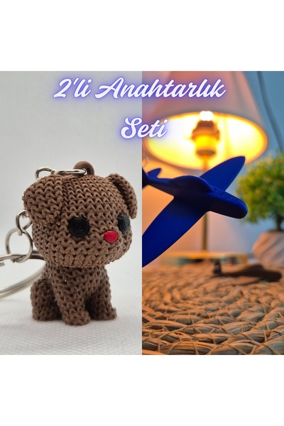 3DAtölyeMaker Dark Brown Knitted Patterned Dog and Blue Airplane Keychain