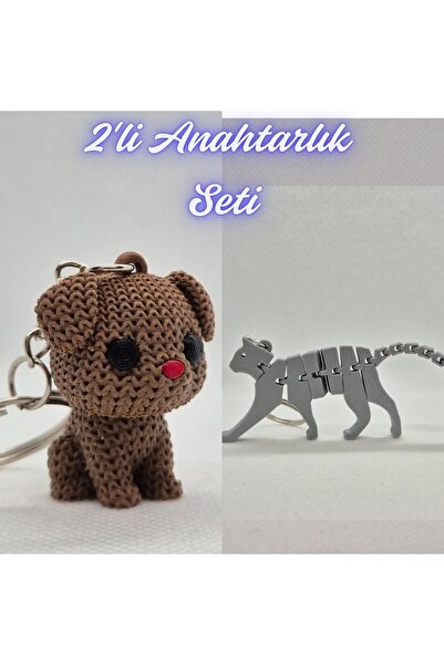 3DAtölyeMaker Dark Brown Knitted Patterned Dog and Silver Flexible Cat Keychain