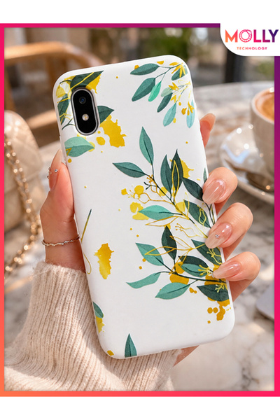 Molly REDMİ 9A İçin Beyaz Zeytin Dalı Botanik Yaprak Desenli Silikon Kılıf