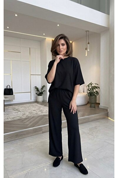 Die&More Slit Detailed Elastic Waist Pants and Blouse Two-Piece Set