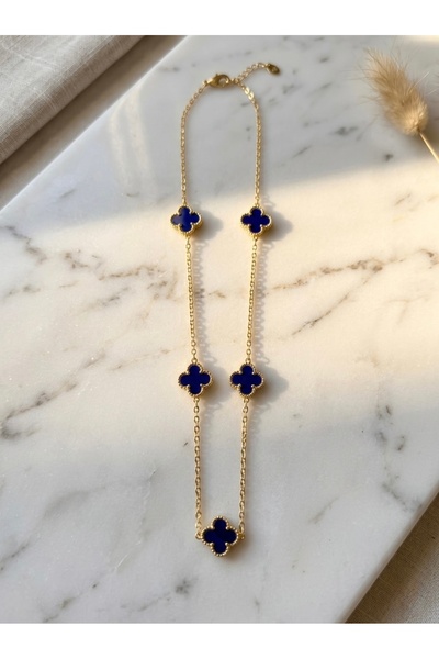 Meneva Aksesuar Navy Blue Mineli 5-Piece Clover Gold Color Chain Stainless St...