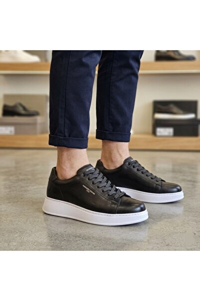 KOMCERO Lace-Up Thick Sole Plain Model Men's Genuine Leather Casual Sneaker S...