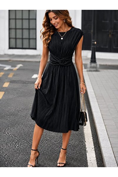 MODAVERA Women's midi dress with waist tie detail and pleated skirt