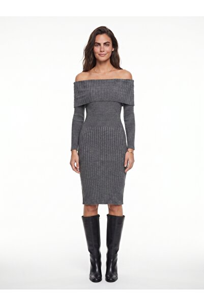 ONLOOX Gray Melange Acrylic Fabric Ribbed Madonna Collar Long Sleeve Slim Fit...