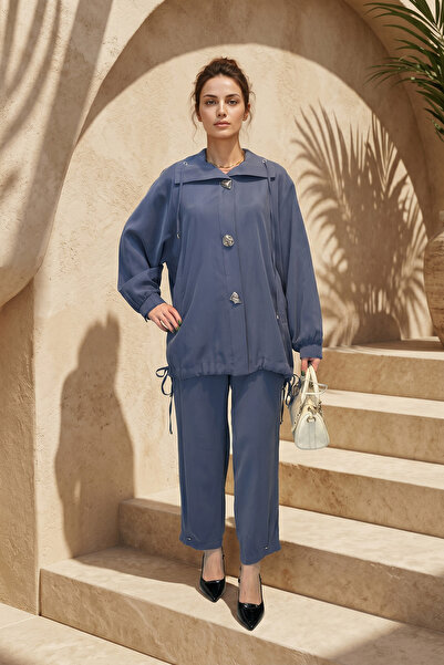Lale Butik Front Accessory and Buttoned Trouser Suit 26197 Indigo
