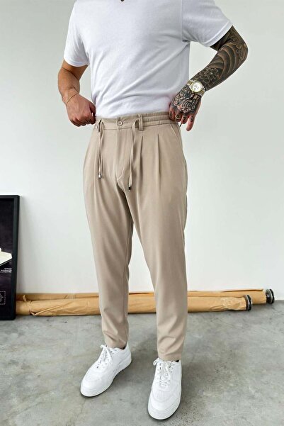 HAFKAGİYİM Beige Waist Drawstring Detailed Regular Fit Fabric Trousers