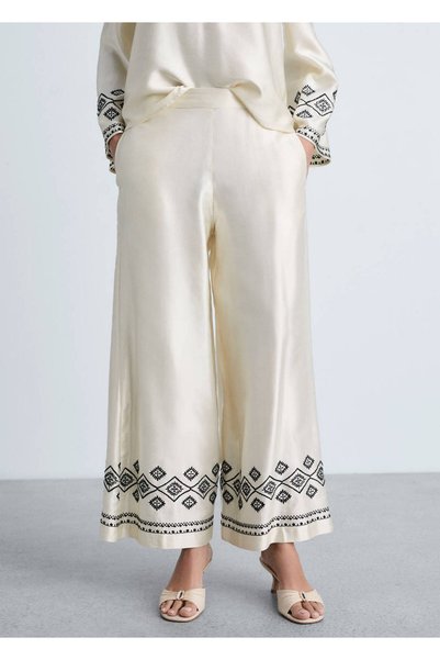 MANGO Woman Wideleg Trousers with Embroidery on the Leg