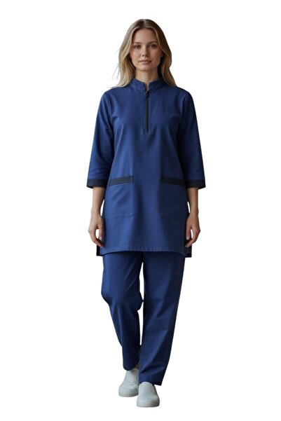 Peach Women's Housemaid Uniform Set with Tunic Top and Matching Trousers, Qua...