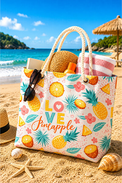 BEST CONCEPT Ananas Desenli Plaj ve Piknik Çantası Çok Amaçlı Çanta Halat Kulplu