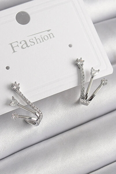 USLUCAN ALIŞVERİŞ Brass Silver Color Zircon Stone Women's Earrings