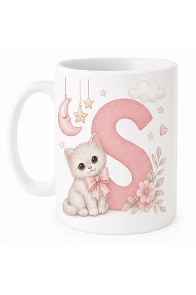KADOREX DESIGN Kişiye Özel Harfli Kedi Kupa – Sevimli Pembe Tasarımlı Kahve K...