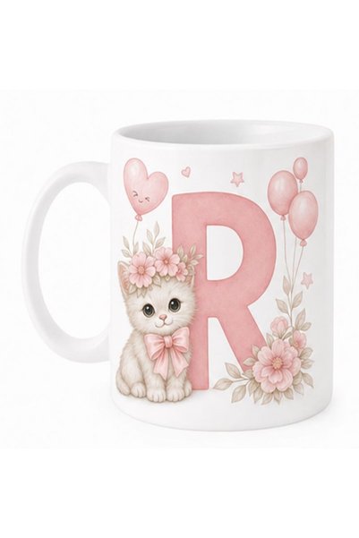 KADOREX DESIGN Kişiye Özel Harfli Kedi Kupa – Sevimli Pembe Tasarımlı Kahve K...